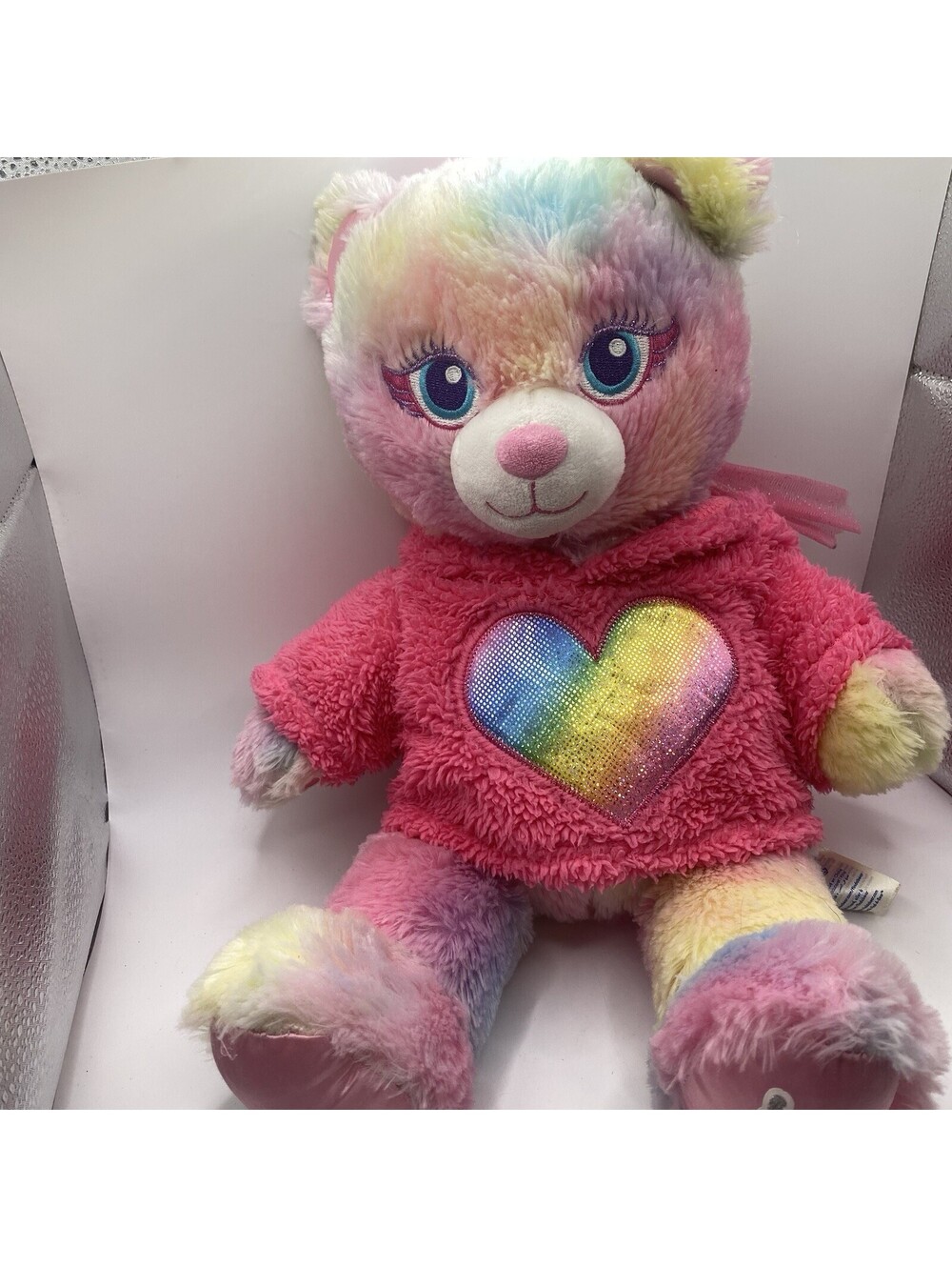 16" Build-A-Bear Workshop 2021 Rainbow Pastel Bear Fairy Friend Pink Fuzzy Hood